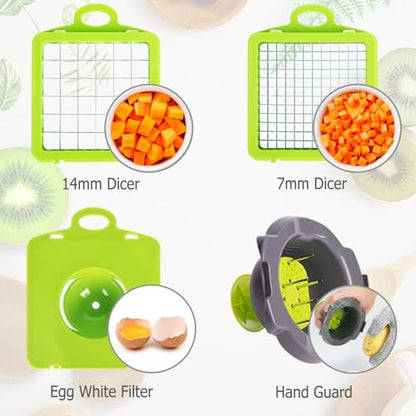 Krubeco Vegetable Chopper, Onion Chopper, 10 in 1 Multifunctional Chopper With 8 Blades Veggie Chopper and Slicer, Dicing Machine, Carrot Chopper for Salad Potato Carrot Garlic（Gray-Green）