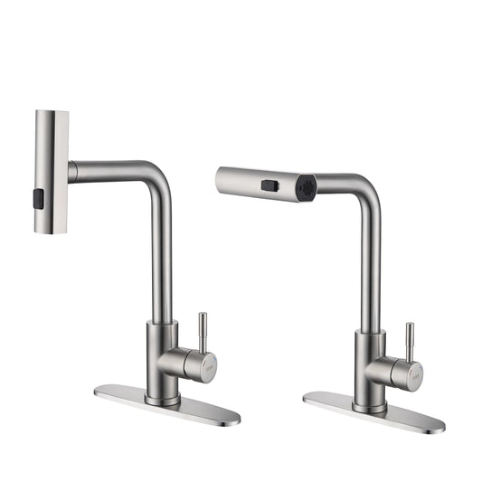 KEER Waterfall Kitchen Faucet with Pull Down Shower, Single Handle and 360° Swivel Stainless Steel Single Hole Kitchen Sink Faucet, Brushed Nickel