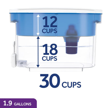 PUR 30-Cup Water Filter Dispenser with 1 Genuine PUR Filter, Large 30-Cup Capacity, 2-in-1 Powerful, Faster Filtration, Lasts 2 Months or 40 Gallons, Dishwasher Safe, White/Blue (DS1800Z)