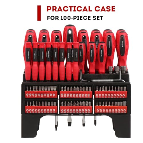 BARTEX 100-Piece Magnetic Screwdriver Set | Slotted, Phillips, Pozidriv, Hex, Torx, Precision, Ratcheting Screwdrivers, Nut Drivers | Comprehensive Hand Tools with Storage Rack