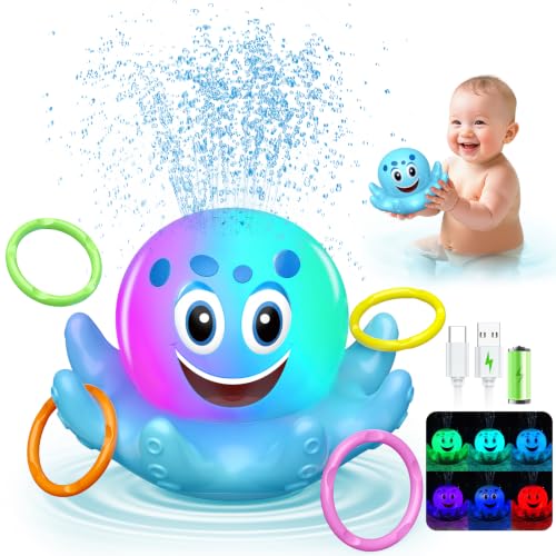 Light Up Octopus Sprinkler Bath Toy with Ring Toss