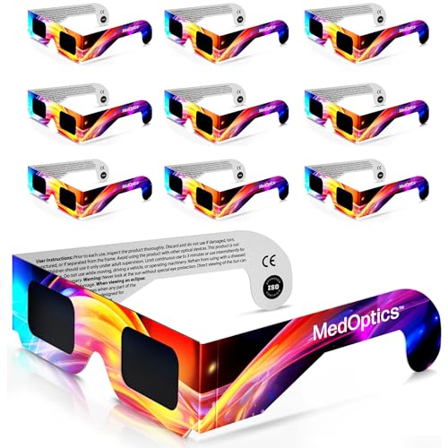 MedOptics Solar Eclipse Glasses Approved 2024 (10 Pack) - AAS, ISO & CE Certified for All Ages - Lab Tested - Includes Eclipse Path Map - Clear Visibility, One Size Fits All, Non-Scratch Lens Viewing