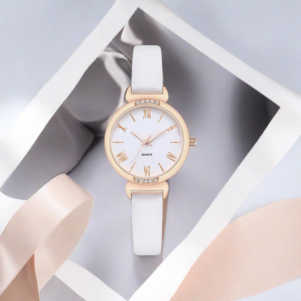 NUOVO Women Watch White Watch for Ladies Rose Gold Watch Diamond Watch Casual Watch Crystal Accented Leather Strap Watch Analog Display Watch Waterproof Watch Arabic Numerals Watch