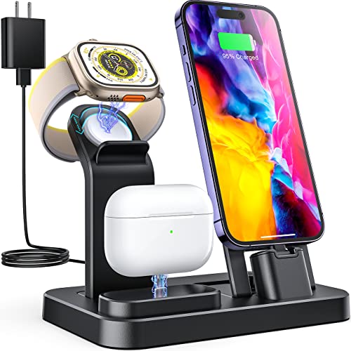 RJR 3 in 1 Wireless Charging Station for Apple Devices, Charging Dock for iWatch 9 8 7 6 SE 5 4 3 2 1, Built-in Charger Stand for iPhone Series AirPods Gifts (with 15W Adapter) Black