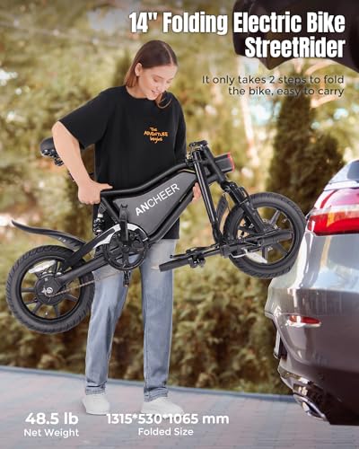 ANCHEER 14" Electric Bike for Adults, 20MPH Folding Electric Mini Bike, 48V 374Wh Battery, Up to 45 Miles, Dual Shock Absorber, Brake Taillight, Cruise Control, LCD Display (Country)
