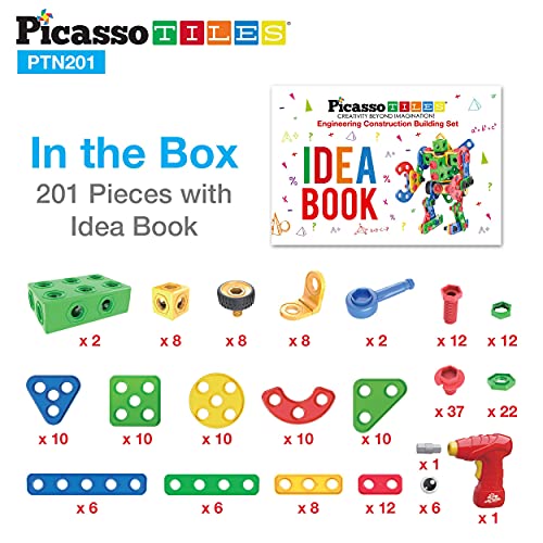 PicassoTiles STEM Learning Toys 201 Piece Building Block Kids Construction Engineering Kit Toy Blocks Children Early Education Playset w/Free IdeaBook, Power Drill, Clickable Ratchet, Age 3+ PTN201