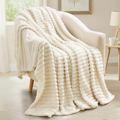Fleece Throw Blanket, Soft Fluffy Lightweight Ribbed Sofa