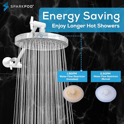 SparkPod Shower Head - High Pressure Rain - Premium Quality Luxury Design - 1-Min Install - Easy Clean Adjustable Replacement for Your Bathroom Shower Heads (8" Round, White Marble)