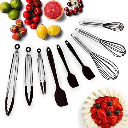 Hot Target Silicone Spatula Set of 9 | 3 Heavy Duty Silicone Tongs, 3 Silicone Whisk, 3 Rubber Spatulas | Heat-Resistant Utensil Set | Kitchen Set Tools | Silicone Cooking Utensils Set - Matte Black