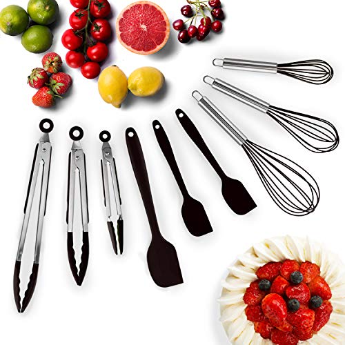 Hot Target Silicone Spatula Set of 9 | 3 Heavy Duty Silicone Tongs, 3 Silicone Whisk, 3 Rubber Spatulas | Heat-Resistant Utensil Set | Kitchen Set Tools | Silicone Cooking Utensils Set - Matte Black