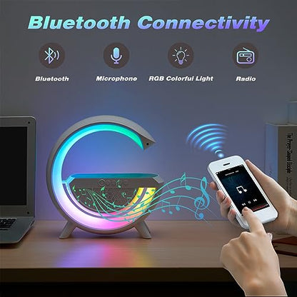 Delxo Bluetooth Speaker with Wireless Phone Charger,Big G-Shape Bluetooth Speakers for Teen Adults Birthday Gift Ideas,Atmosphere Lamp Speaker with LED Night Lights for Bedroom,White