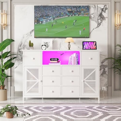HDDDZSW White Dresser for Bedroom with Charging Station and LED Lights, Chest of Drawers for Bedroom with 8 Fabric Drawers and 2 Doors, Dressers Storage TV Stand for Bedroom, Living Room