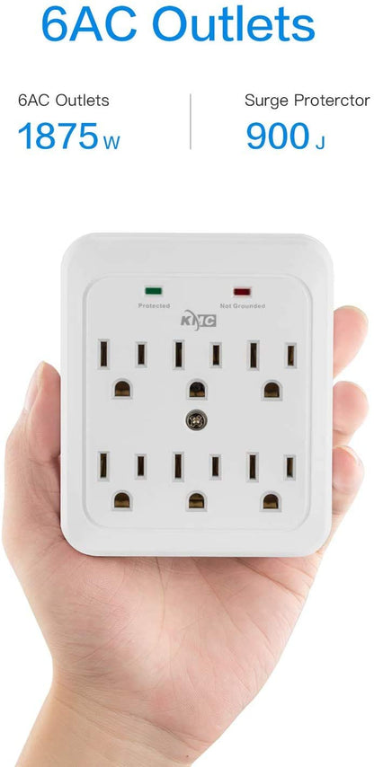 KMC Wall Surge Protector, 980 Joule, 6-Outle Wall Plug Adapter Power Strip, White(2 Pack)
