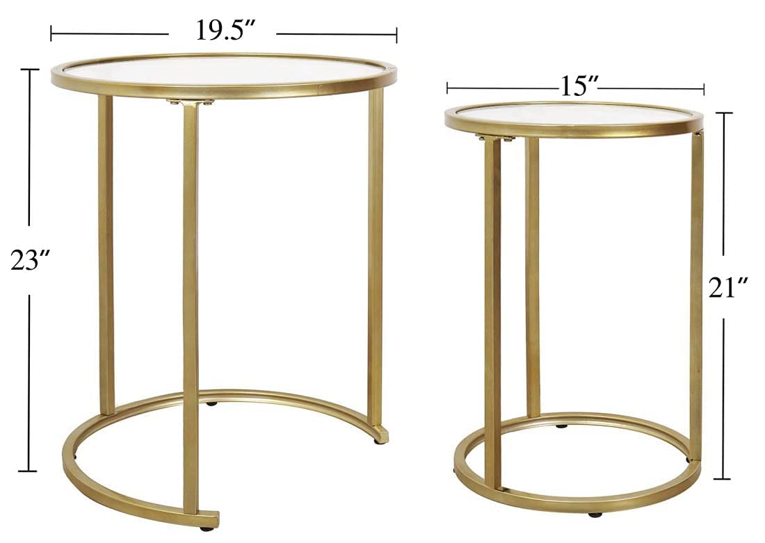 RiteSune Gold Glass Nesting Side End Tables Set of 2, Round Small Stacking Drink Coffee Table for Small Space, Living Room, Bedroom, Christmas, New Year