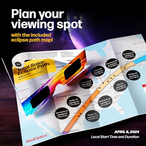 MedOptics Solar Eclipse Glasses Approved 2024 (10 Pack) - AAS, ISO & CE Certified for All Ages - Lab Tested - Includes Eclipse Path Map - Clear Visibility, One Size Fits All, Non-Scratch Lens Viewing