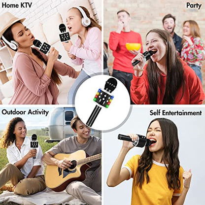 Winique Karaoke Microphone for Kids with Bluetooth & LED Lights - 5 in 1 Fun Toys Home KTV Birthday Party Player - Christmas Stocking Stuffers for Girls, Boys, and Teens （Black）