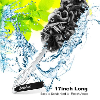 Bathflor Shower Loofah Sponge Exfoliating Body Scrubber: 4PCS Extra Large 80g Soft Mesh Luffa Poufs, 1PCS Long Handle Back Scrubber, 1PCS Lufa Hook, Charcoal Loofa for Women & Men Bath Wash (Black)