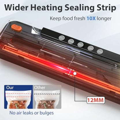 Vacuum Sealer Machine, Automatic Food Vacuum Sealer 5 Modes with 15 Sealer Bags and Built-in Cutter, Compact One-Touch Food Sealer Vac Pack Machine for Sous Vide & Dry Moist Foods, Black