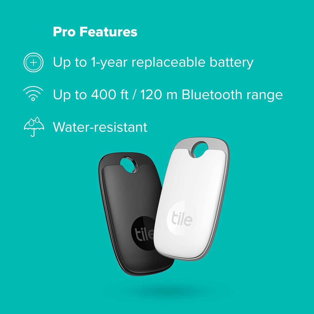 Tile Pro 2-Pack (Black/White). Powerful Bluetooth Tracker, Keys Finder and Item Locator for Keys, Bags, and More; Up to 400 ft Range. Water-Resistant. Phone Finder. iOS and Android Compatible.