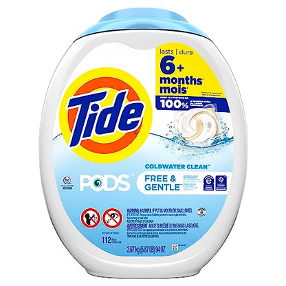 Tide PODS Free and Gentle Laundry Detergent Soap Pacs, 112 Count, Unscented Hypoallergenic Laundry Detergent for Sensitive Skin