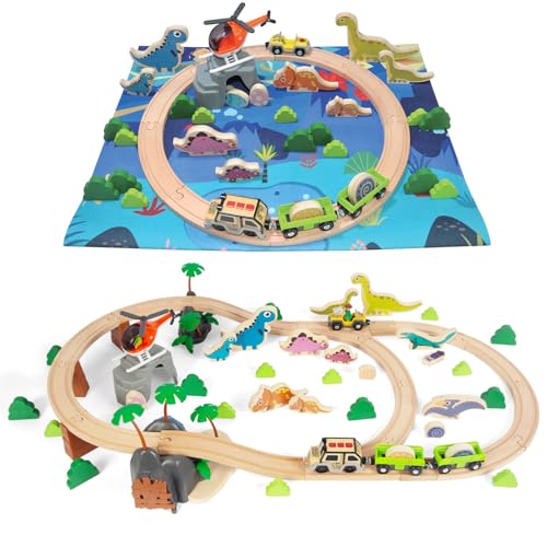 80 Piece Wooden Dinosaur Train Track Set for Toddlers