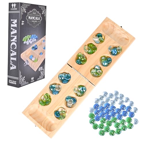 Folding Wooden Mancala Board Game with Glass Stones