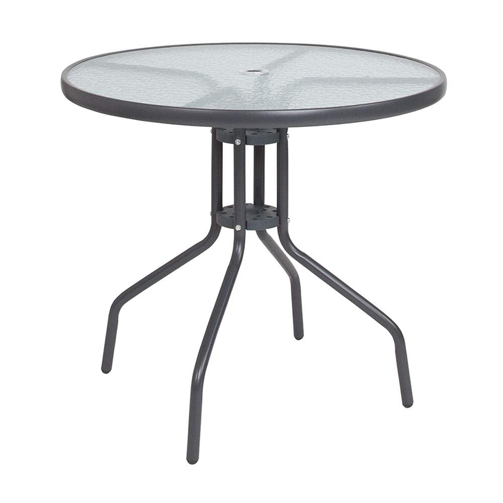 Flash Furniture Nantucket 6-Piece Patio Dining Set with Glass Table, 4 Folding Chairs, and Umbrella, Outdoor Patio Table, Chairs, and Umbrella Set, Black