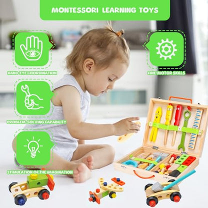 Tool Kit for Kids - 41 Pcs Wooden Toddler Tools Set Include Tool Box & DIY Stickers, Montessori Educational STEM Construction Toys for 2 3 4 5 6 Years Old Boys Girls, Birthday Gift for Kids