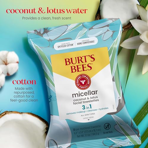 Burt's Bees Coconut & Lotus Face Wipes, for All Skin Types, College Back to School Dorm Essentials, Micellar Makeup Remover & Facial Cleansing Towelettes, 30 Ct. (3-Pack)