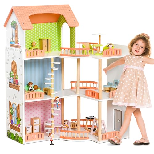 26 Piece Wooden Dollhouse with Furniture and Staircase