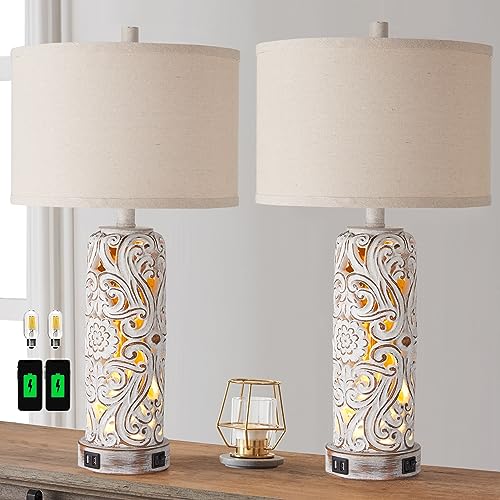 2 Pack Rustic Farmhouse Table Lamps with USB Ports