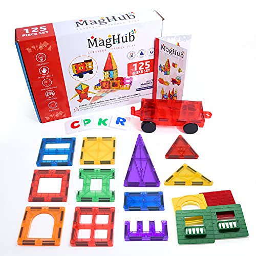 MagHub Magnet Toys Magnetic Tiles, 125 PCS Magnetic Building Blocks Set for Boys Girls Preschool Educational Construction Kit Magnet Stacking Toys for Kids Toddlers Children