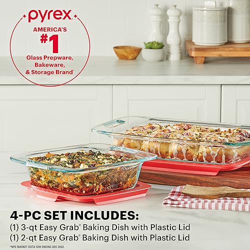 Pyrex Easy Grab 2-Pack Glass Baking Dish Set (2QT, 3QT) with Snug Fit Locking BPA-Free Lids, Rectangular Bakeware Set, Dishwasher, Microwave, Freezer & Pre-Heated Oven Safe