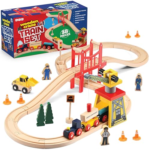 38 Piece Wooden Train Set with Crane & Bridge