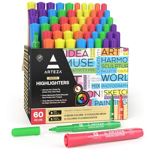 60 Pack ARTEZA Highlighters, Wide & Narrow Chisel Tip Pens