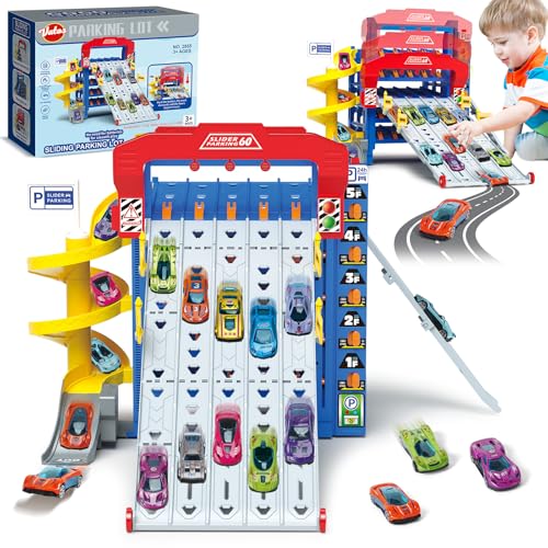 10 Pack Sliding Track Car Toy Parking Set