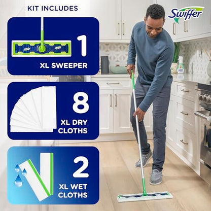 Swiffer Sweeper Dry + Wet XL Sweeping Kit, 1 Sweeper, 8 Dry Cloths, 2 Wet Cloths