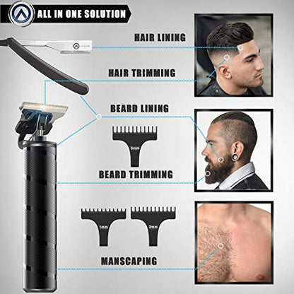 Arkam Beard Trimmer for Men - Cordless, Water-Resistant Hair Grooming Kit for Head, Face & Body w/ 3 Attachments, Straight Razor & Brush - Fast Charging Electric Manscape Clippers w/Extended Battery