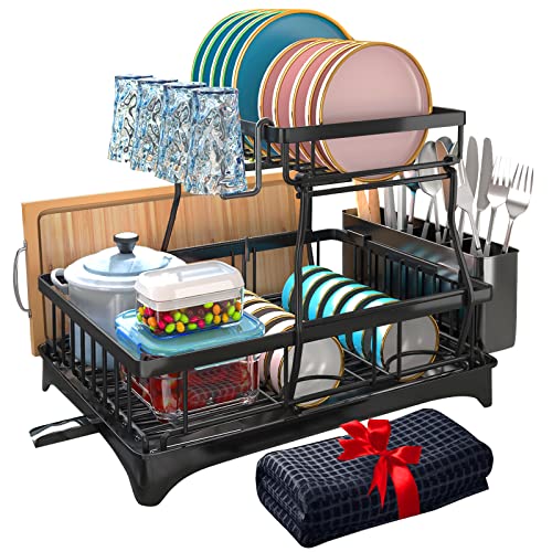 2-Tier Dish Drying Rack with Auto-Drain Mat