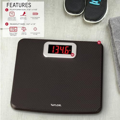 Taylor Digital Scales for Body Weight, High 440 LB Capacity, Carbon Fiber with Anti-slip finish, Readout with Red Digits, Auto On and Off Scale, 11.8 x 11.8 Inches, Black