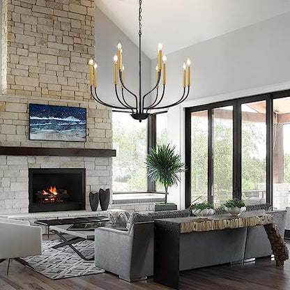 Gris Modern Chandelier, 12-Light Black and Gold Chandeliers Light Fixture, Classic Candle Chandelier for Bedroom, Foyer, Hall, Kitchen, Living Room and Entryway