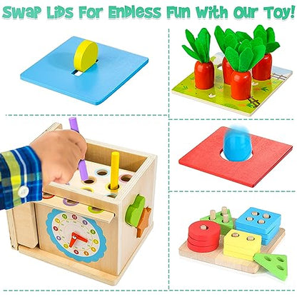 Kizfarm Wooden Montessori Baby Toys, 8-in-1 Wooden Play Kit Includes Object Permanent Box, Coin Box, Carrot Harvest, Shape Sorting & Stacking - Christmas Birthday Gift for Boys Girls Toddlers