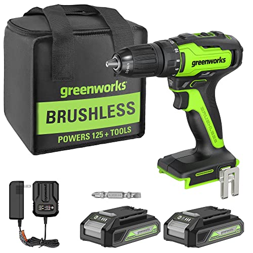 Greenworks 24V Brushless Cordless Drill Kit, 310 in./lbs, 18+1 Position Clutch, 1/2 '' Keyless Chuck, Variable Speed, (2)2Ah Batteries with 2A Fast Charger, LED Light with Tool Bag