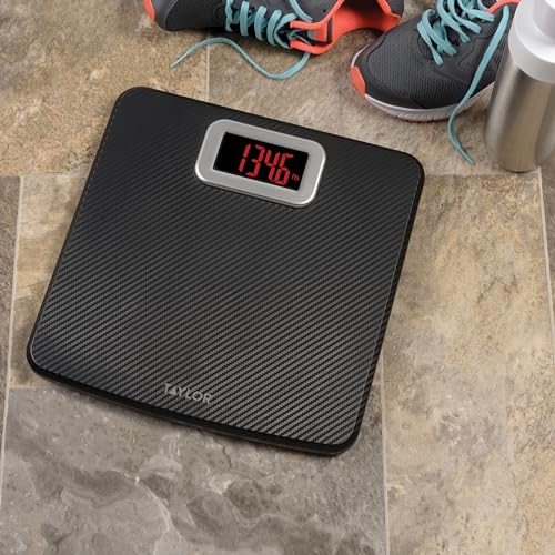 Taylor Digital Scales for Body Weight, High 440 LB Capacity, Carbon Fiber with Anti-slip finish, Readout with Red Digits, Auto On and Off Scale, 11.8 x 11.8 Inches, Black