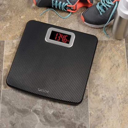 Taylor Digital Scales for Body Weight, High 440 LB Capacity, Carbon Fiber with Anti-slip finish, Readout with Red Digits, Auto On and Off Scale, 11.8 x 11.8 Inches, Black