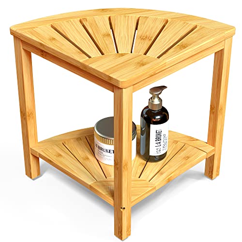 Bamboo Corner Shower Stool Bench with Storage Shelf