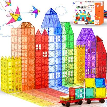 UREC Magnetic Tiles - 104 Pieces Magnetic Blocks for Kids, Magnet Tiles Building Blocks Set with 2 Cars, Construction STEM Toys Gift for Kids Boys 3 4 5 6 7 8 9+ Year Old