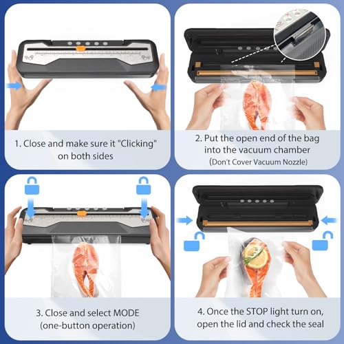 Vacuum Sealer Machine, Automatic Food Vacuum Sealer 5 Modes with 15 Sealer Bags and Built-in Cutter, Compact One-Touch Food Sealer Vac Pack Machine for Sous Vide & Dry Moist Foods, Black