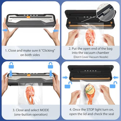 Vacuum Sealer Machine, Automatic Food Vacuum Sealer 5 Modes with 15 Sealer Bags and Built-in Cutter, Compact One-Touch Food Sealer Vac Pack Machine for Sous Vide & Dry Moist Foods, Black
