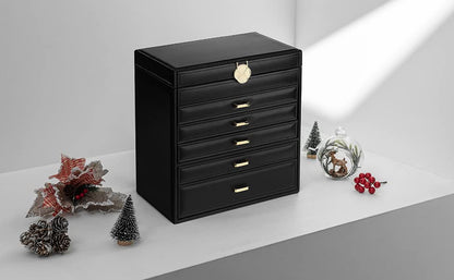 Vlando 6 Tier Large Jewelry Storage Box with Mirror, Huge Jewelry Box Organizer Storage of Necklace Ring Earring Bracelets Watches (Black)